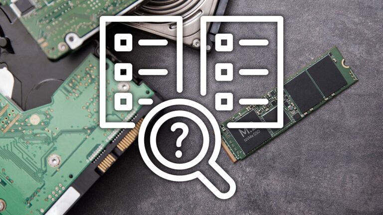 Hard drives placed beside an SSD with a comparison element overlayed upon them.